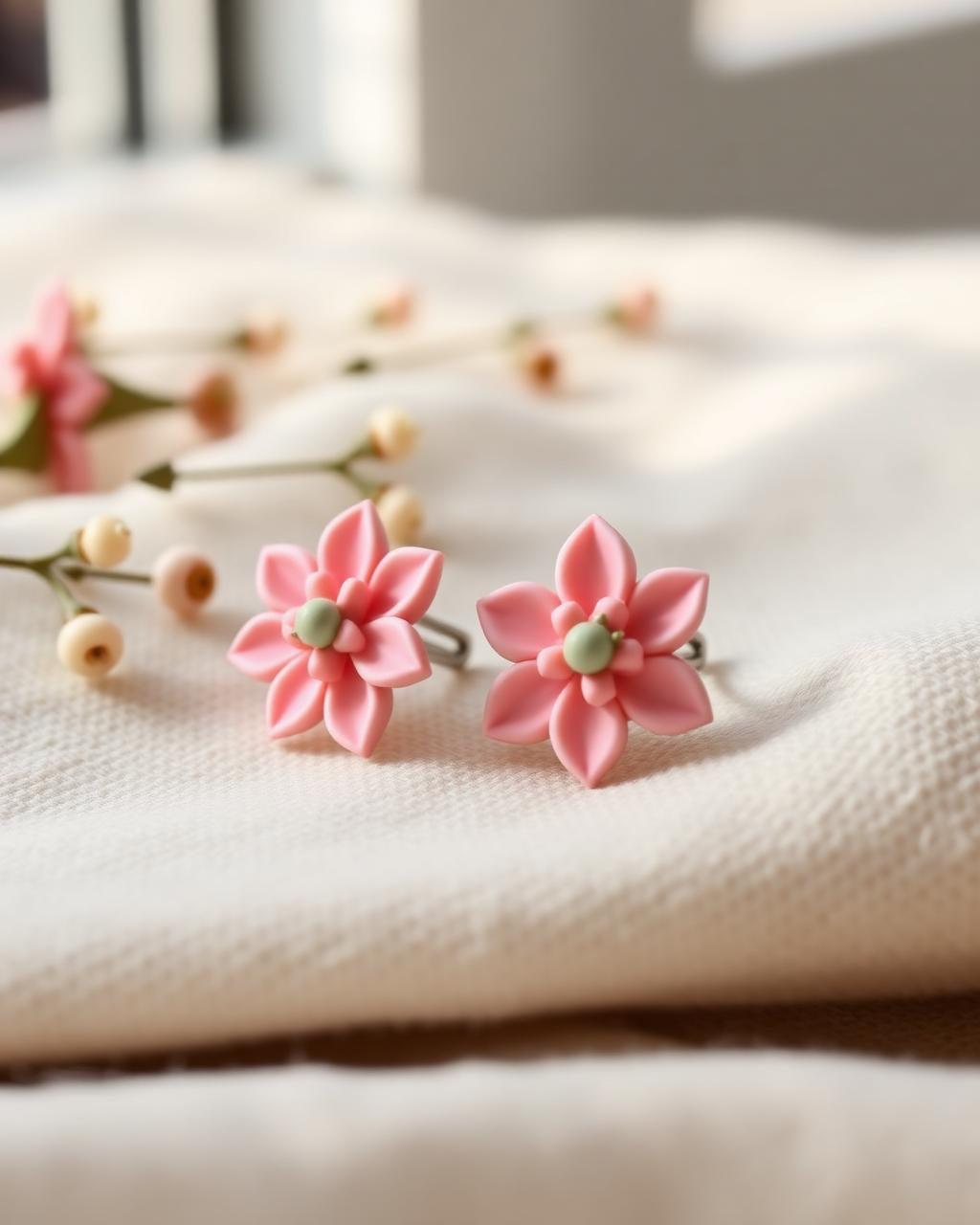 Boucles d'oreilles fleurs rose poudré sur lin beige