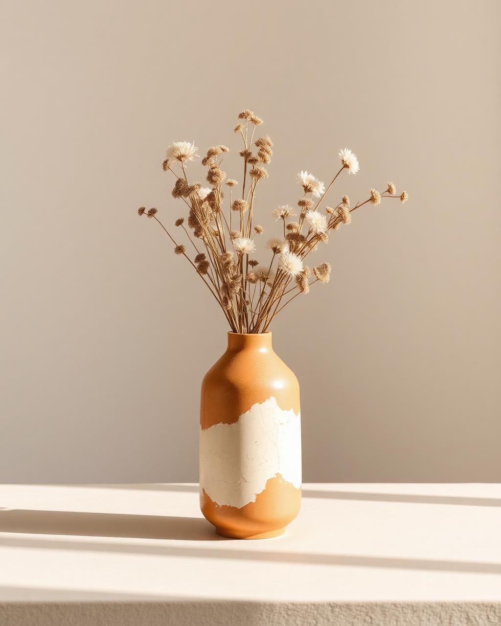 Vase Jesmonite terracotta et crème avec fleurs séchées