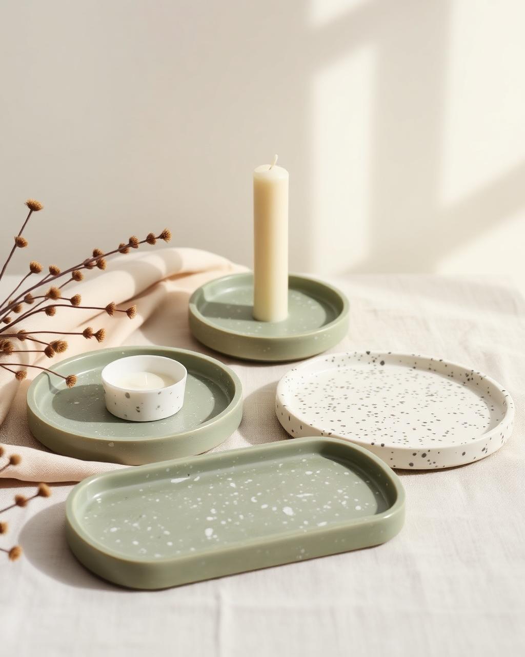 Coupelles et bougeoir Jesmonite vert sauge