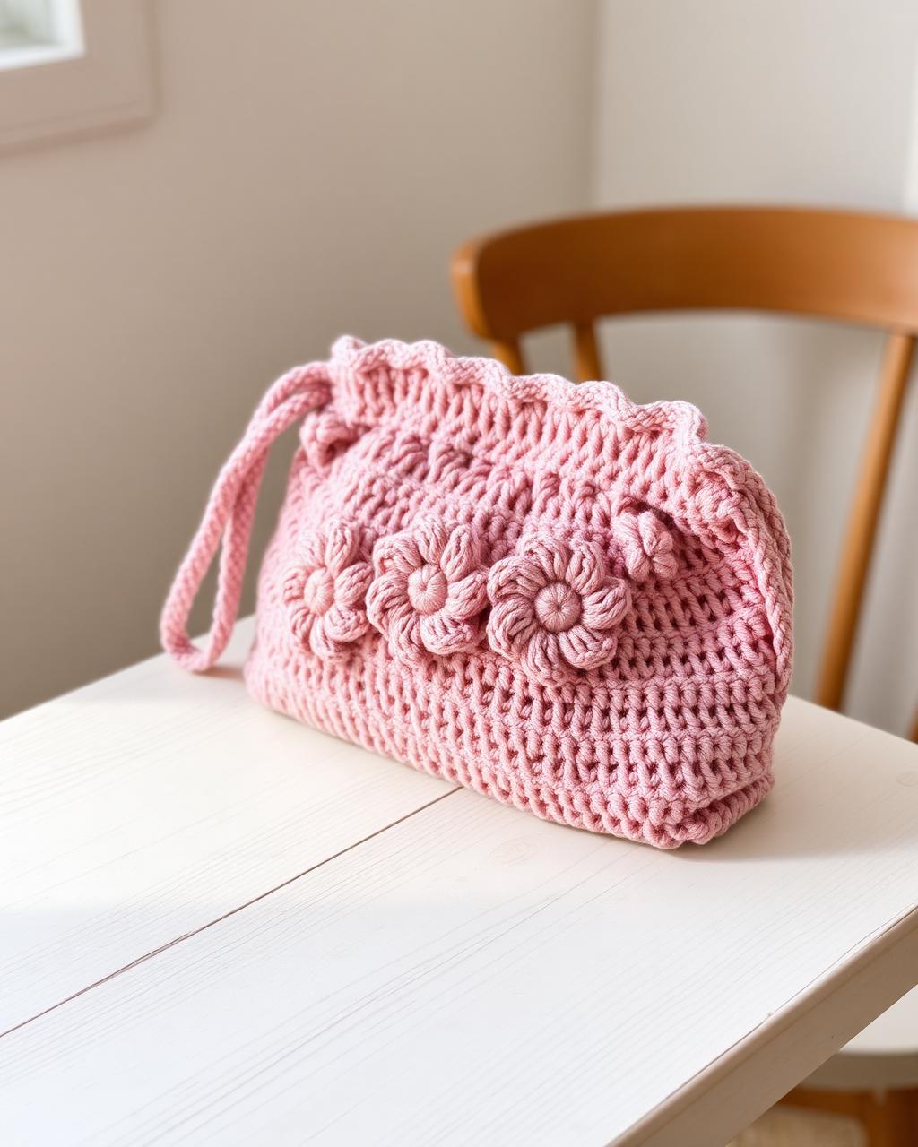 Pochette crochetée rose poudré à fleurs en relief