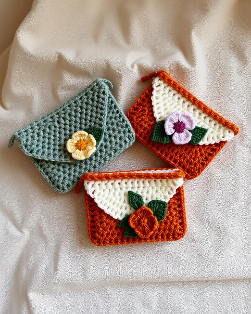 Trois pochettes crochetées sauge, crème et terracotta