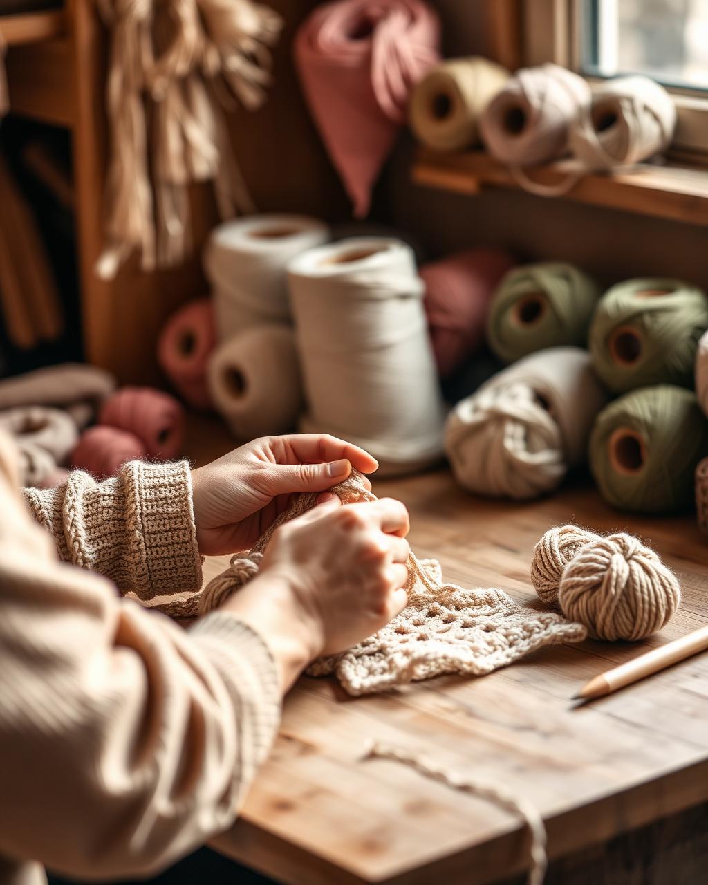Mains de l'artisane en train de crocheter à l'atelier